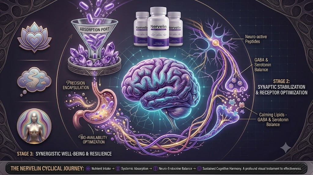 Diagram showing how Nervelin supports nerve signaling, circulation, cellular energy and antioxidant balance